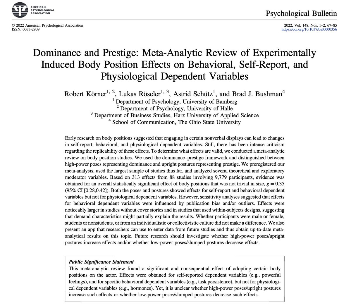 jayvanbavel's tweet photo. A meta-analysis on #powerposing (88 studies) finds  an effect of power posing on subjective feelings of power (g = .35), but effects on behavior have evidence of publication bias and physiology effects are null.

Demand effects also seemed to play a role | https://t.co/3kvNRju7KM https://t.co/cYtGnWfu5o