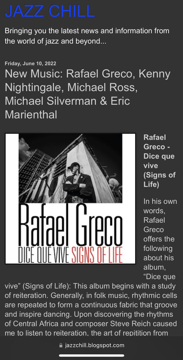 Muchas gracias a jazzchill.blogspot.com por recomendar mi álbum “Dice que vive” 
<a href="/GermanLandaeta/">German Landaeta</a> 
#Jimmyhaslip
<a href="/karigaffney/">Kari Gaffney</a> 
<a href="/Blue_Canoe/">BlueCanoeRecords</a>