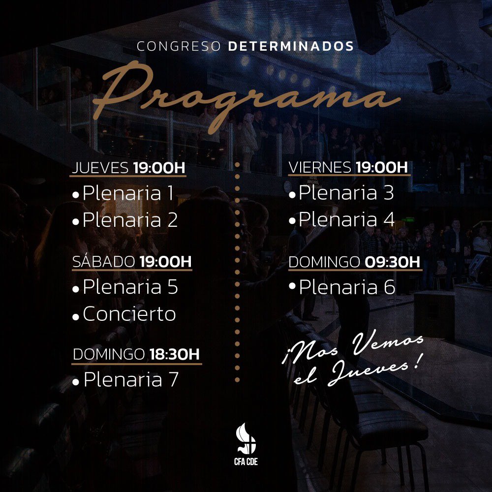 cfc_iglesia's tweet photo. SEMANA DEL CONGRESO 🥳
Te dejamos el programa, para que no te pierdas de ninguna de las plenarias.
Estamos emocionados por recibirles en la Casa de Dios y con mucha expectativa de TODO lo que Él hará en estos días. 🤍
¡Nos vemos el jueves!
.
.
#CFA #CDE #determinados #primeramor https://t.co/ml6D6l78xZ