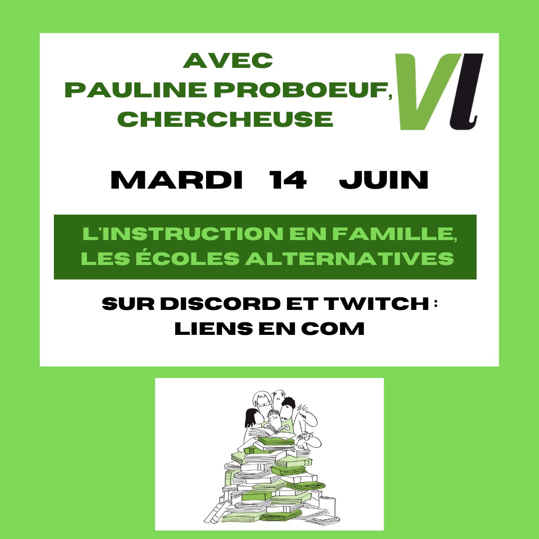 Demain 1ere soirée d'échange des VI.
Nous parlerons du choix des familles qui choisissent l'instruction en famille et/ou les écoles alternatives pour leurs enfants : qui sont ses familles ? Pourquoi font elles ce choix ? ...
avec Pauline Proboeuf qui a fait sa thèse sur ce sujet.