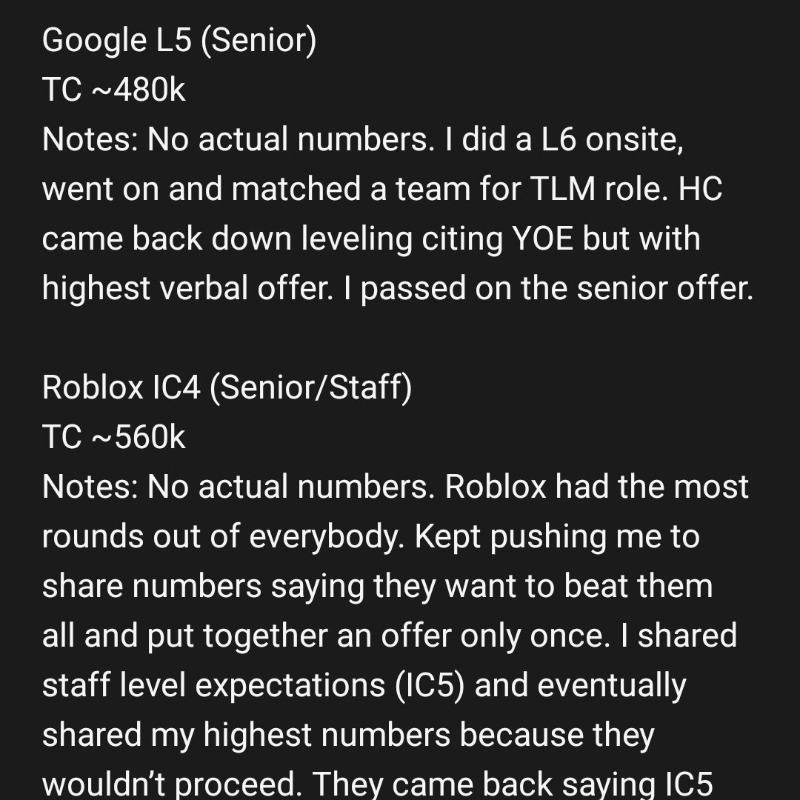 JoinBlind's tweet photo. A Netflix engineer went through 7 onsites and received 7 offers from Airbnb, Google, Snap, Robox, Stripe, AtoB, and a quant trading firm. 

Offer ranges: $325k - 800k

This is what tech is offering to top senior engineers in the industry. 

Detailed prep strategy 👇