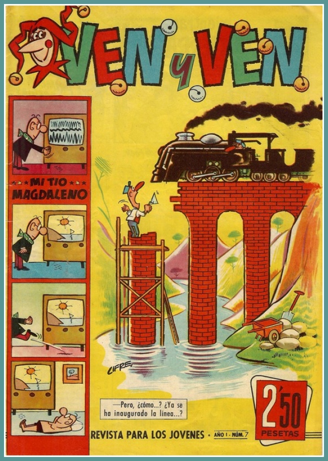 MuseodelComic's tweet photo. «𝐕𝐄𝐍 𝐘 𝐕𝐄𝐍», luego “Suplemento de Historietas de El DDT”, publicada por Bruguera en 1959. Fue efímera, escasos 10 números. Dirigida por Heliodoro Lillo. Grapados, interior en b/n y a dos tintas y cubierta a color. Blas Sanchis diseño la publi con motivo del lanzamiento. https://t.co/5Yvll4W9yY