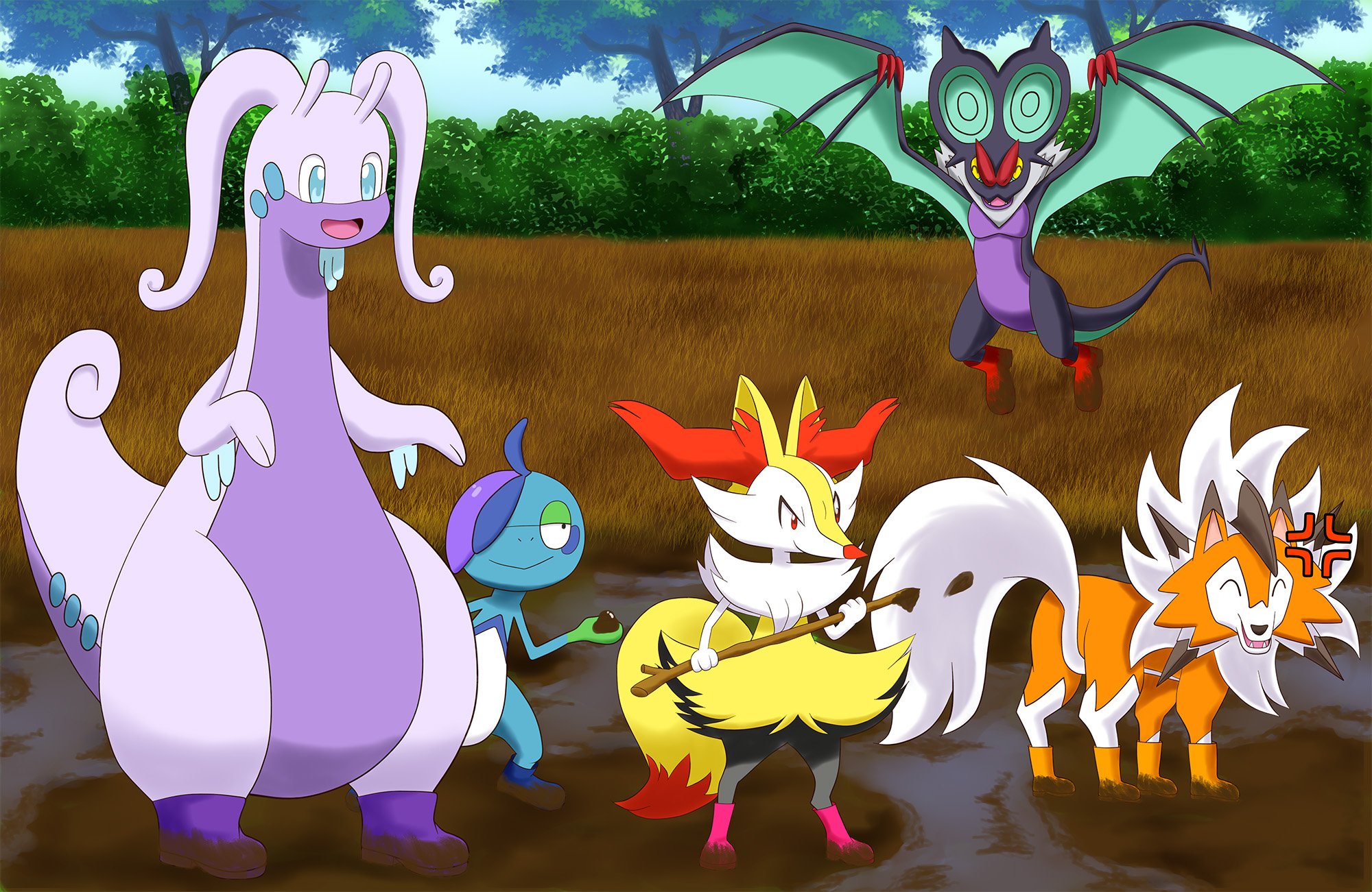Pokeboots Noivern Goodra And Some Of Their Friends Having Muddy Fun In Their Muddy Wellies 泥だらけのゴム長靴で泥だらけのゴム長靴を履いて楽しんでいる オンメルゴンと友達 Requested To といち On Pixiv Pokemon Mud Wellies ポケモン