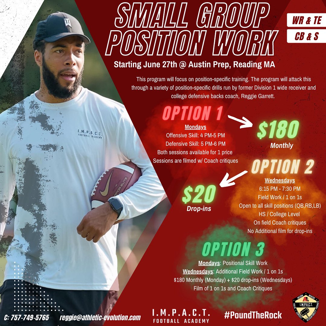 HS QB, WR, FS, Division 1 WR, Division 1 DBs Coach at your service. 

Groups sizes are max 8-10. I encourage athletes to stay for both sessions. Each Rep will be filmed for your use.

Visit our website to sign up. DM, Email, or Text for any questions. #PoundTheRock