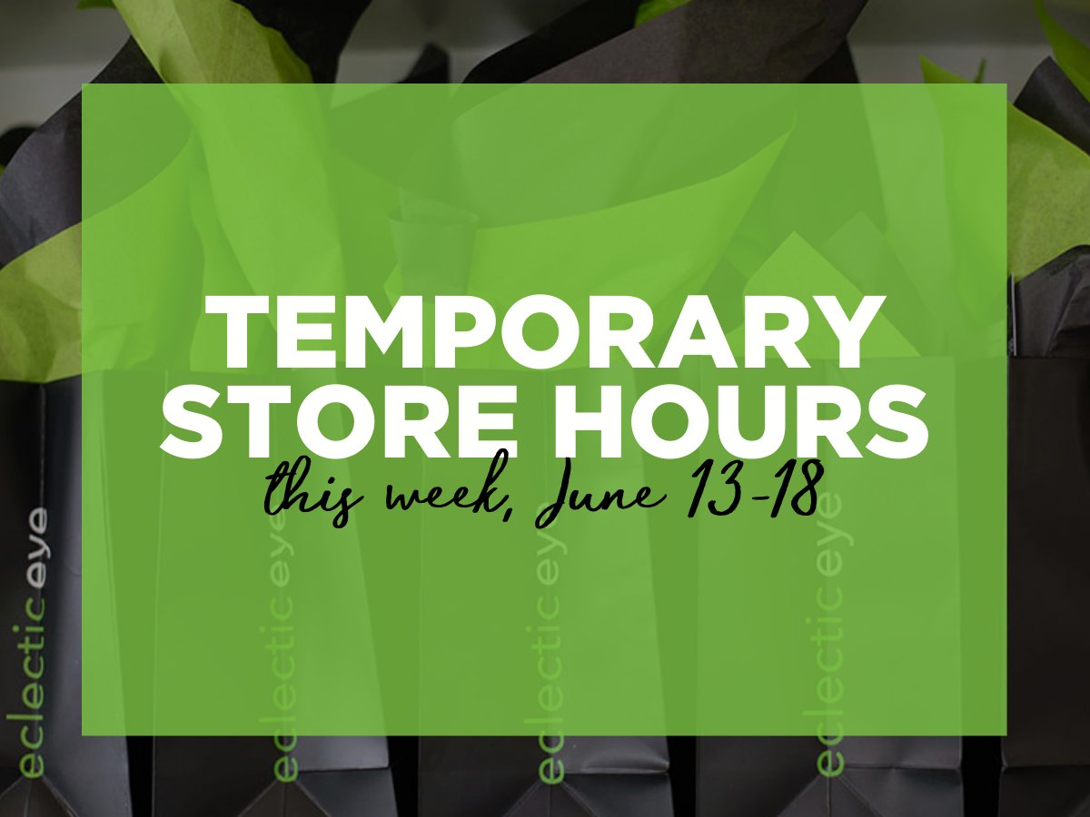 Please note that we’ve made temporary changes to our store hours for this week:

Monday, June 13 | Closing at 3:00pm
Tuesday-Saturday, June 14-18 | Closing at 4:00pm

If you are experiencing a medical eye emergency after hours please contact Dr. Michael Weinberg at 901.493.3232.