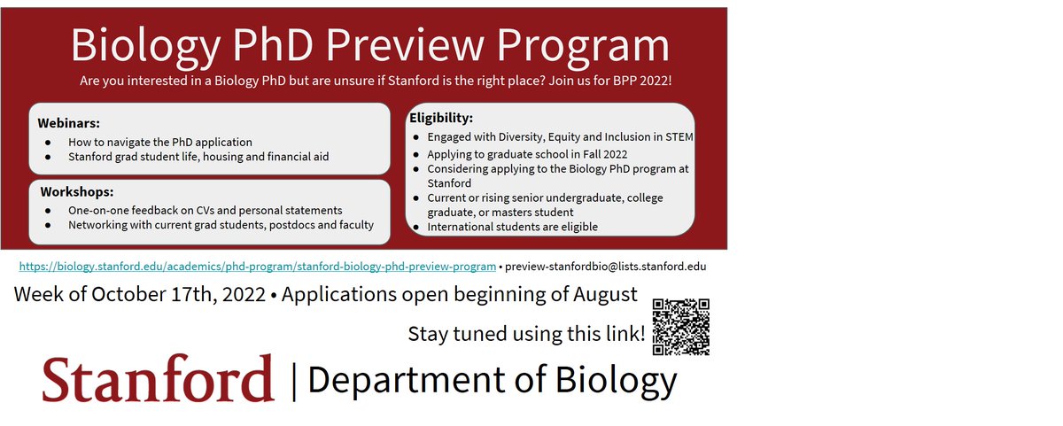 Stanford Biology PhD Preview Program, a 2-day workshop on graduate school application, is happening again this fall. We especially encourage students who enhance diversity--broadly defined--in STEM fields to apply. Applications will open in early August.

biology.stanford.edu/phd-program/st…