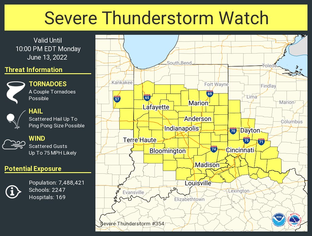 NWSIndianapolis's tweet photo. A severe thunderstorm watch has been issued for parts of Illinois, Indiana, Kentucky and Ohio until 10 PM EDT https://t.co/uqVnpknprE
