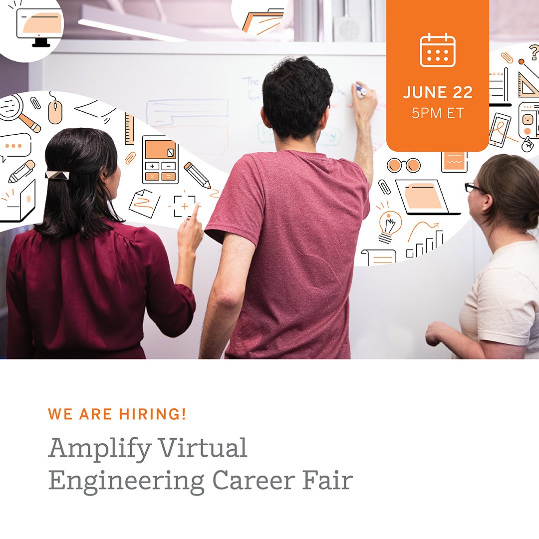Amplify's tweet photo. 💻 Are you an engineer looking to take the next step in your career? 

Then, join us for our virtual Engineering Career Fair on Wednesday, June 22, from 5-7 PM EDT 

✨ Register now: https://t.co/itOCgkJyyV https://t.co/jgBX883zEE