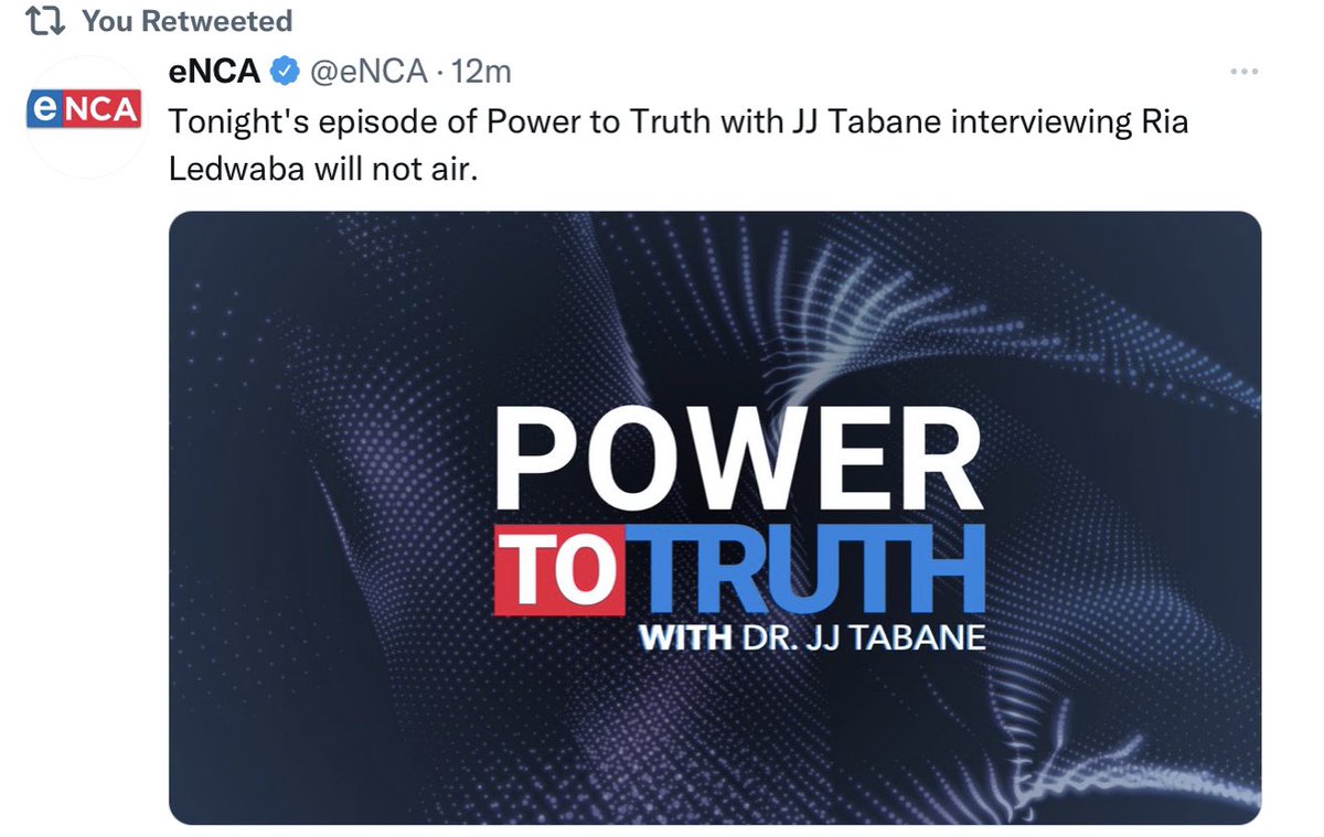 Unfortunately the <a href="/eNCA/">eNCA</a> will not air the Power of Truth interview tonight, we will send an update on when the show will be on air. Apology for any inconvenience caused. We keep going forward #Ria22 #SAFApresidencialCandidate #RiaLedwaba #BackOnTrack #FootballSA
