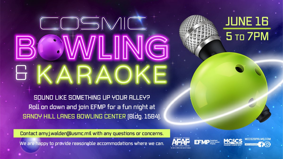 Join the Exceptional Family Member Program and friends as we bowl and sing the night away to learn more about recreation inclusion! Get more details here: mccs-info.com/3x4pqSC