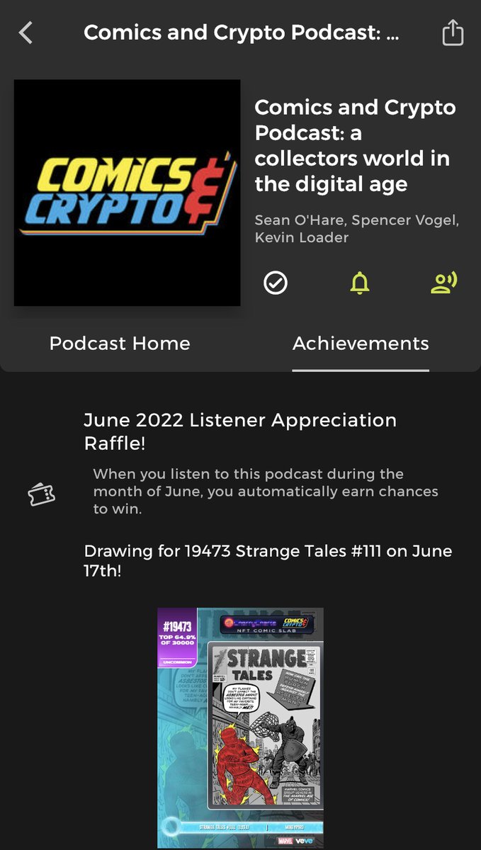 Keep listening to <a href="/ComicsandCrypto/">Comics & Crypto l $COLLECT</a> because we have another raffle prize for you this week! Strange Tales #111

If you haven't joined us on 2Cents yet, download below!💥

Android: tinyurl.com/347mt5rj
iOS: testflight.apple.com/join/1SfBgOPG

#Veve #Vevefam #Raffle #Podcasting #Giveaway