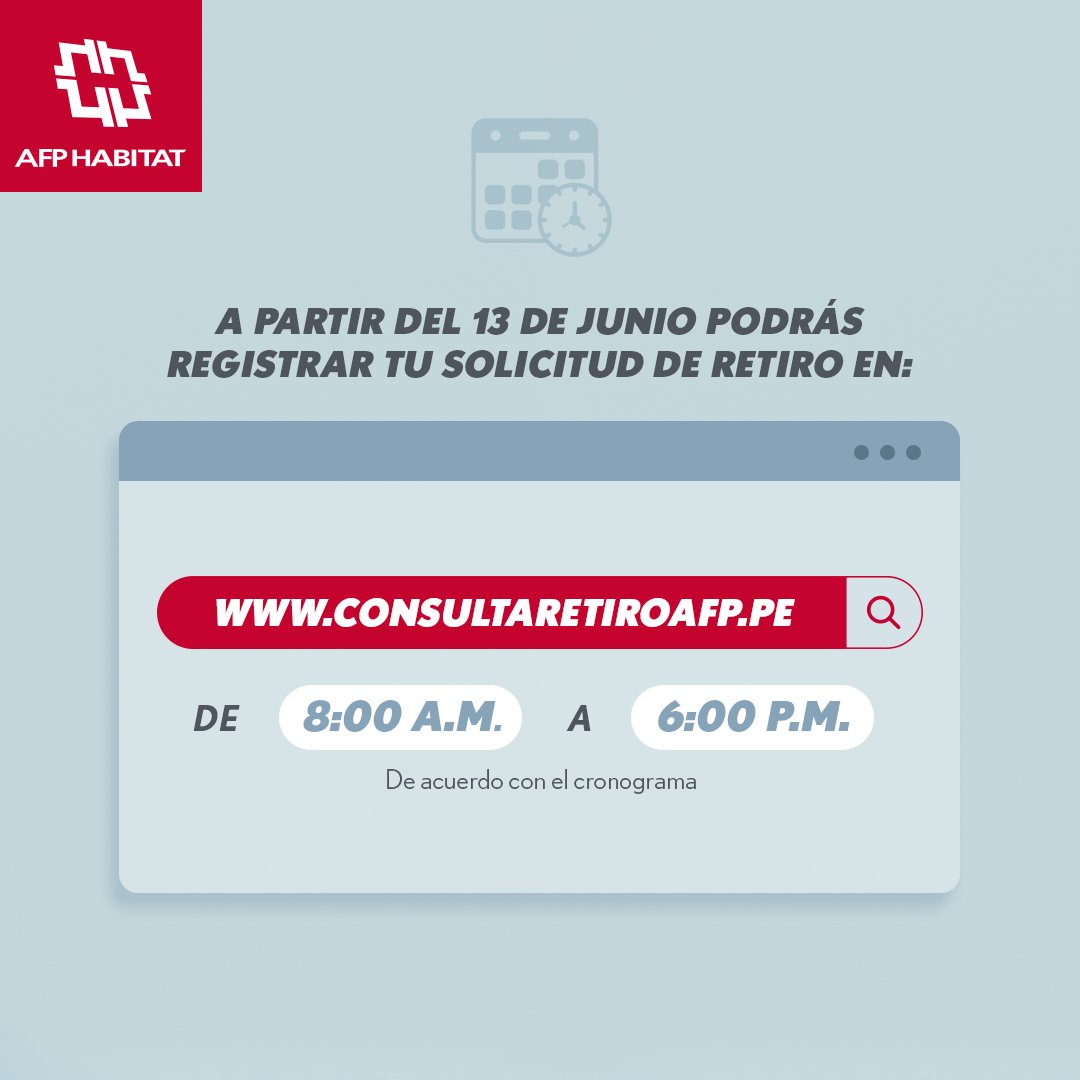 #AFPHabitatTeInforma Hoy,13 de junio, se inicia el registro de solicitudes para el retiro facultativo de hasta 4 UIT en consultaretiroafp.pe.

No olvides que pueden acceder a este retiro facultativo todos los afiliados al SPP, excepto aquellos que reciben una pensión.