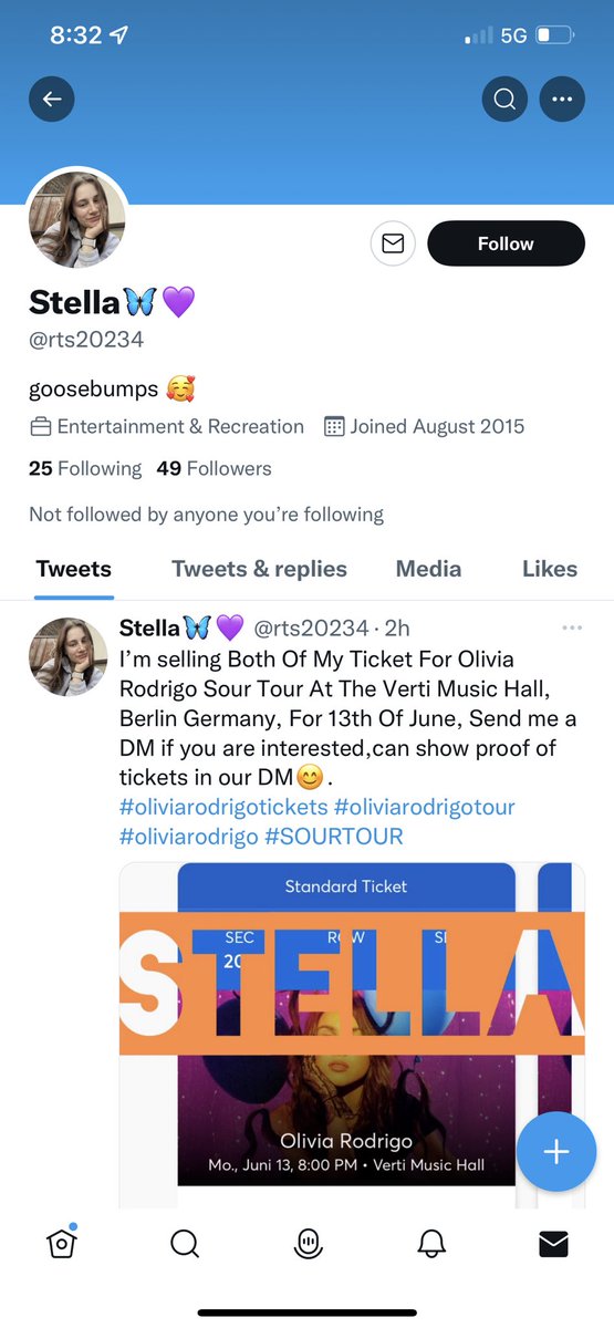 woototheyoung's tweet photo. hey everyone, please report this account — she scammed me for the olivia rodrigo concert tickets and i never received them after paying

my friend dmed her afterwards and she said the tickets were still available-

@/rts20234 https://t.co/zPyWiSByln