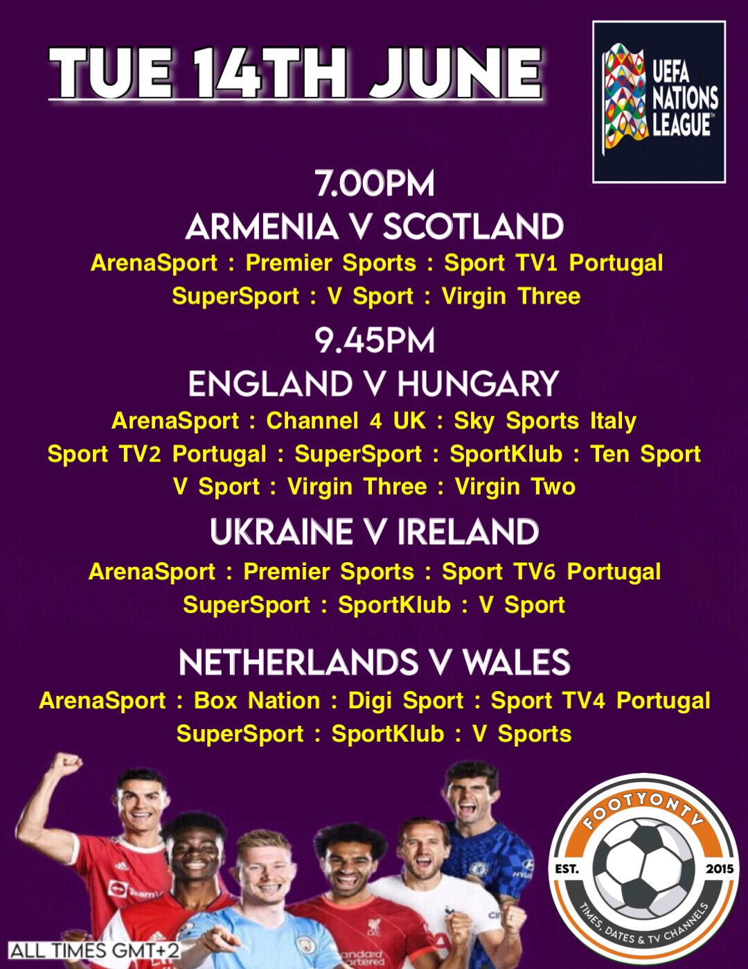 Footyontv on Twitter "Tuesdays International Football games, dates, times(GMT+2) & TV channels