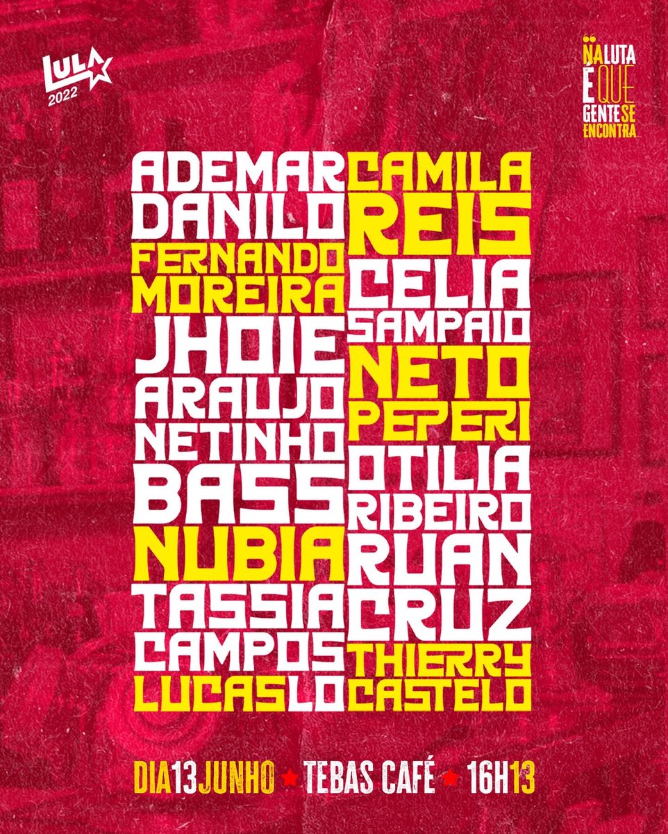 reneamorim's tweet photo. Hoje, dia 13, a partir das 16h13, no Tebas Bar e Café (Rua do Ribeirão, 140B - Centro)! ⭐️🚩
#Todo13 #NaLutaÉQAGenteSeEncontra https://t.co/dr5eyd55P4