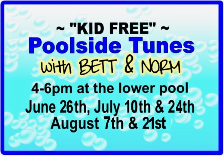 BayViewCG's tweet image. POOLSIDE TUNES with BETT &amp;amp; NORM!
June 26th 4-6PM at the Lower Pool
Come on out and have some fun in and out of the pool. Join Bett &amp;amp; Norm for some Poolside Tunes to help you relax and relieve the stress. Meet, Mingle &amp;amp; Relax with your fellow Campers! Don’t forget your sunscreen!