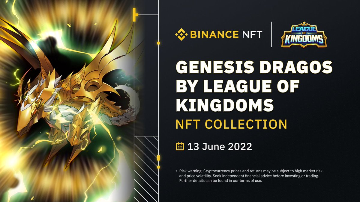 Kazandıracağını düşündüğüm yeni bir #BinanceNFT IDO'su.
 
✔️ League Of Kingdoms, Genesis Drago #NFTs 

Bilgilendirme👇
- #Binance  spot hesabınızda min 0.1 $BNB tutmanız gerekiyor.
- Katılım için ayrıca 100 $LOKA token gerekecek.
binance.com/tr/nft/staking…
- Son Tarih: 2022-06-16
