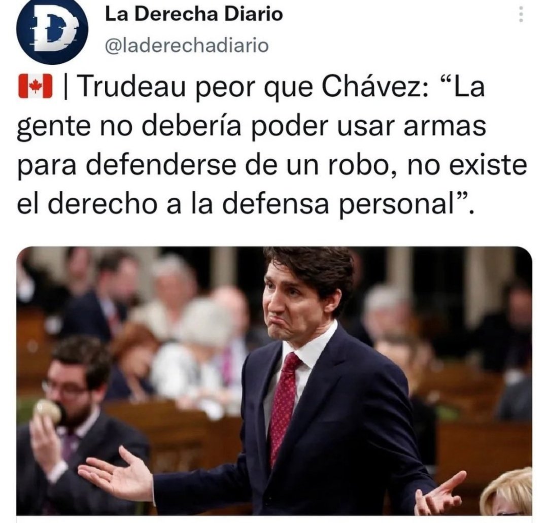 AngelDLaCruz_'s tweet photo. Canadá
Trudeau peor que Hugo Chávez "La gente no debería poder usar armas para defenderse de un robo, no existe el derecho a la defensa personal"
#totalitarismo #Dictadura #libro1984 #Rechazo https://t.co/1atoIifz3R