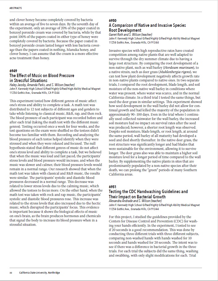 Ms. Wilson's AP Biology students works were published: Claudia Balikcian, Victoria Donis, Alyssa Encina, Isabella Garcia, Olivia Grech, Samantha Lopez, Haley Jacoby, Garret Roth, Alexandra Andrade, Jieun Han, Daniela Ibarra, Gabriela Miranda, Amanda Reyes, Rita Ruiz, Mia Vasquez.
