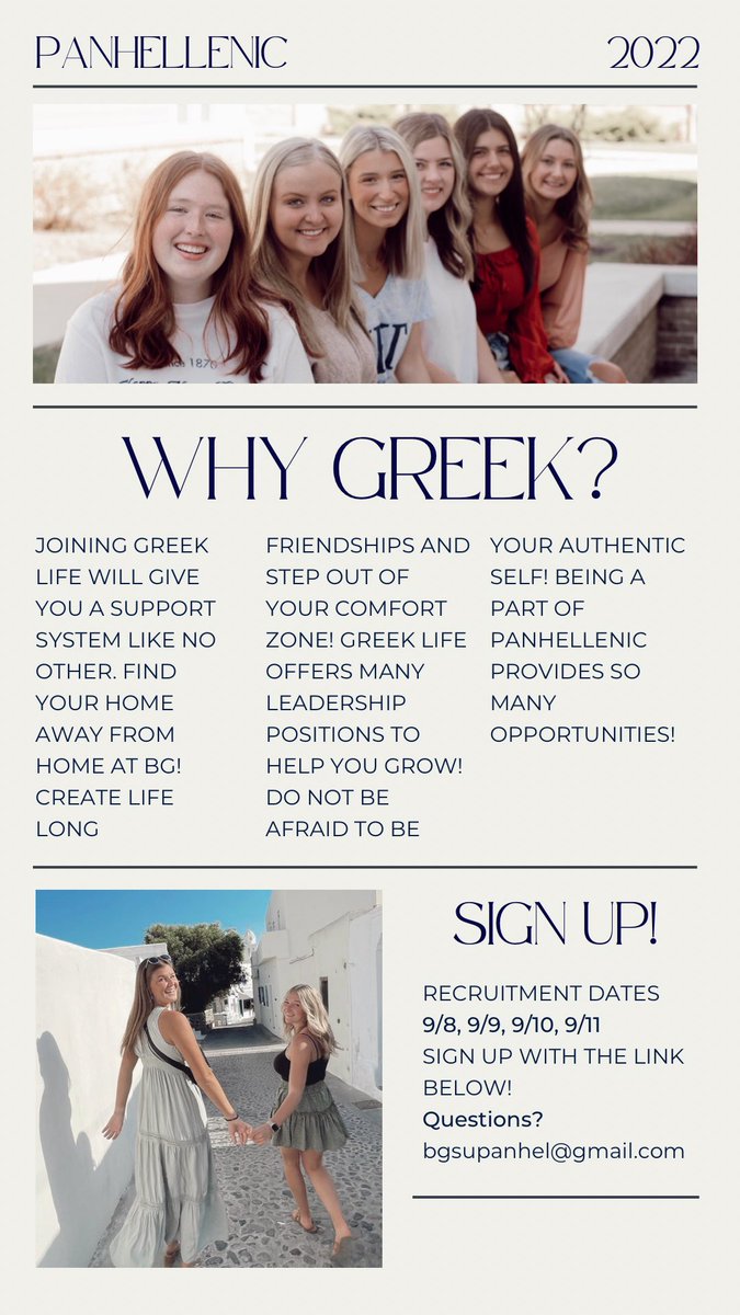 BGSUPanhellenic's tweet photo. Recruitment sign ups are open!! Follow the link in our bio to sign up &amp; #gogreek ! 🤍 #panhellenic #recruitment #bgsu https://t.co/nF2nHkgxMH