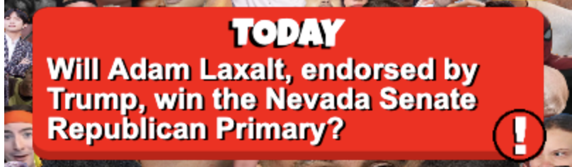 disdatdaily's tweet photo. TODAY'S QUESTION
Who will win the Republican primary in Nevada for Senator, will it be the Trump-endorsed Adam Laxalt? This election is being called an important test for the GOP. #nevada #ElectionDay #laxalt #trump #gop #senate #wordle 
.
Answer now: https://t.co/2KJqsz0vIg https://t.co/OSmtXNTjxY