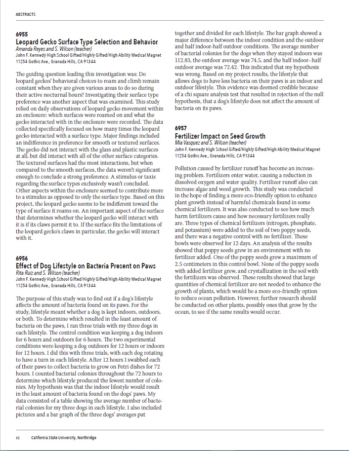 Ms. Wilson's AP Biology students works were published: Claudia Balikcian, Victoria Donis, Alyssa Encina, Isabella Garcia, Olivia Grech, Samantha Lopez, Haley Jacoby, Garret Roth, Alexandra Andrade, Jieun Han, Daniela Ibarra, Gabriela Miranda, Amanda Reyes, Rita Ruiz, Mia Vasquez.