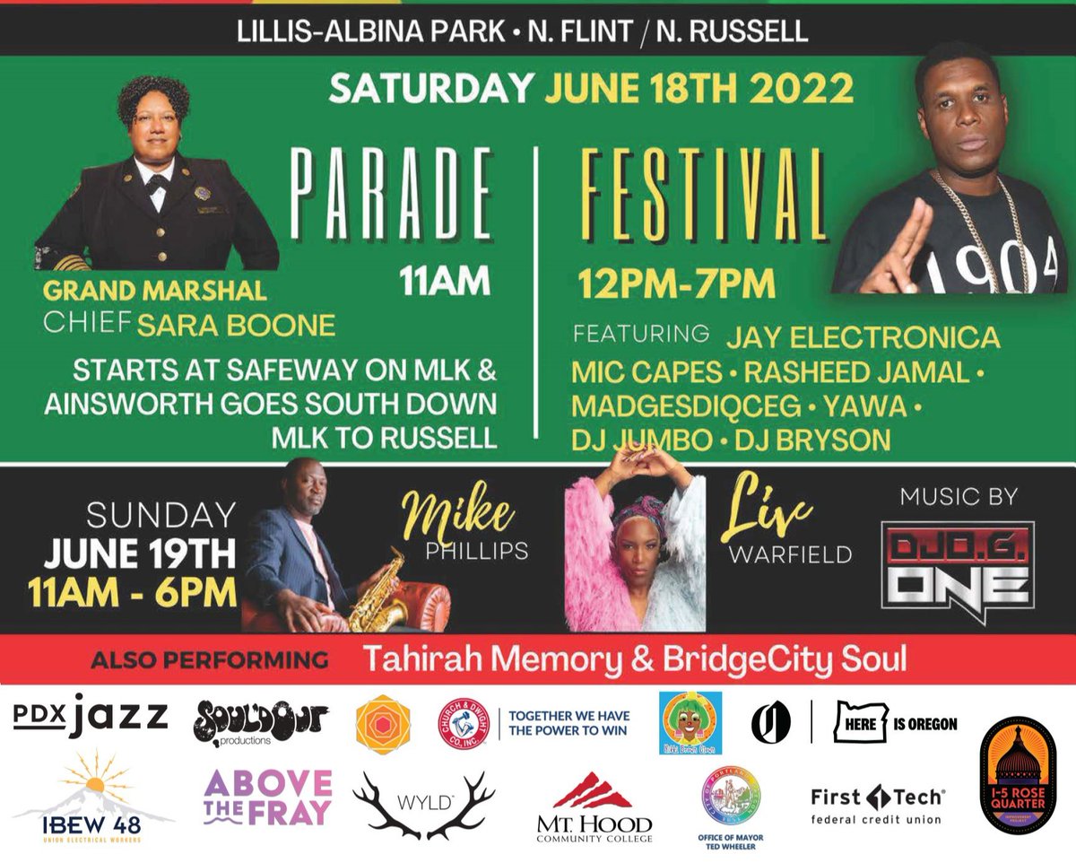 Celebrate Juneteenth with us at the Clara Peoples Freedom Trail Parade and Community Festival on June 18th & 19th. The parade starts Sat 6/18 at 11 a.m. 5920 NE Martin Luther King Blvd, Portland, OR 97211 and ends at Lillis-Albina Park where a Community Festival begins at noon