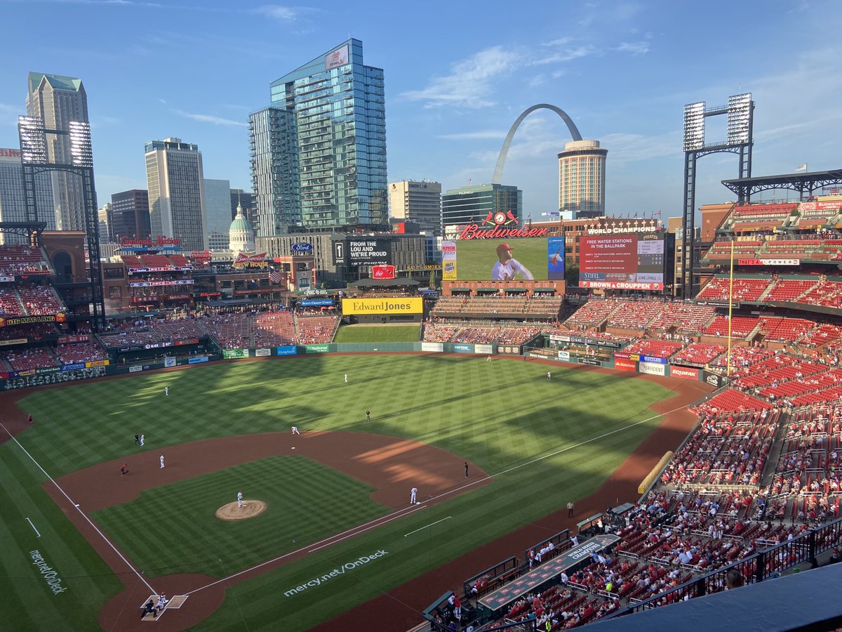 PothCpoth's tweet image. A friend gave us his tickets tonight.  It’s hotter than blazes but our seats have a great breeze.  Let’s go Cards!