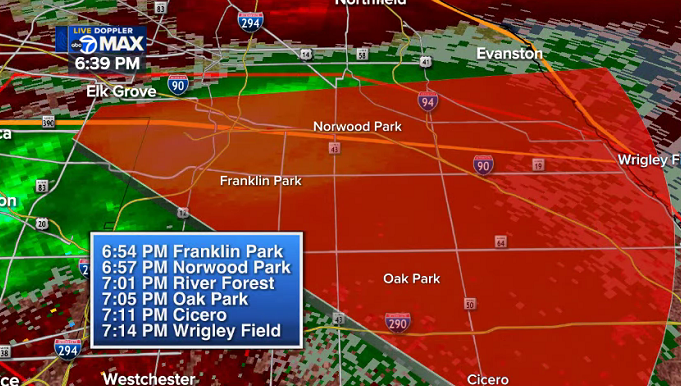 DutraWeather's tweet photo. Rotation loosening again-- but we've seen it cycle 3+ times. Here's the next 20min worth of cities, including Wrigelyville. 

@Cubs please make sure patrons know. @ABC7Chicago https://t.co/O1FLsPvPtA