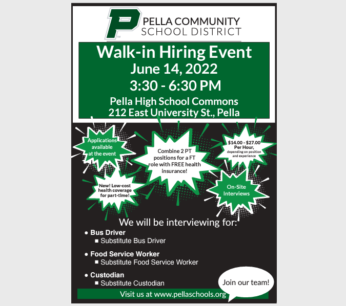 pellahigh's tweet photo. ‼️ JOIN OUR TEAM at PCSD!!! ‼️

Join us tomorrow, June 14, for our Walk-in Hiring Event!
3:30pm-6:30pm at Pella High School in the Commons.

👉 We will be interviewing for:
  ✳️ Bus drivers and substitutes
  ✳️ Food service workers and substitutes
  ✳️ Custodian and substitutes https://t.co/HicuYKZLTo