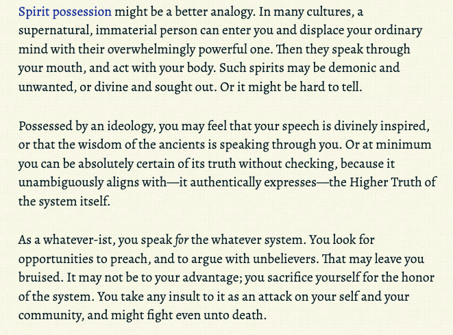 Meaningness's tweet image. Bureaucratic rationalism and identitarian leftism, two malignant alien superintelligences, speak through university administrators as puppets. No one has to “really believe in” either of these ideologies to be used by them (and probably no one does).