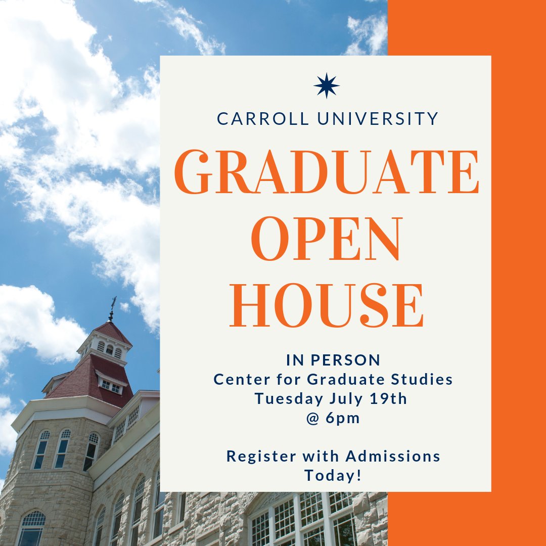 CarrollU_MSAT's tweet photo. We are gearing up for the first Graduate School Open House of the summer! Register with our Admissions team to meet faculty, tour facilities, and connect with admission counselors! 
See you next month!

Register: https://t.co/kB2eO6TrHL https://t.co/bQkuok7tJG