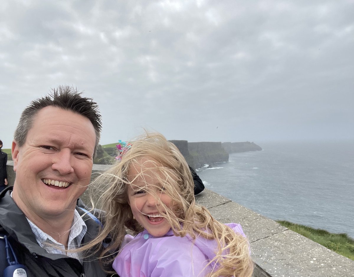 glenduerr's tweet photo. A great moment at the Cliffs of Moher with one of my daughters. The wind was gusting and we just laughed and laughed. #duerr5 #duerr5ireland https://t.co/Q5DGTucP3c