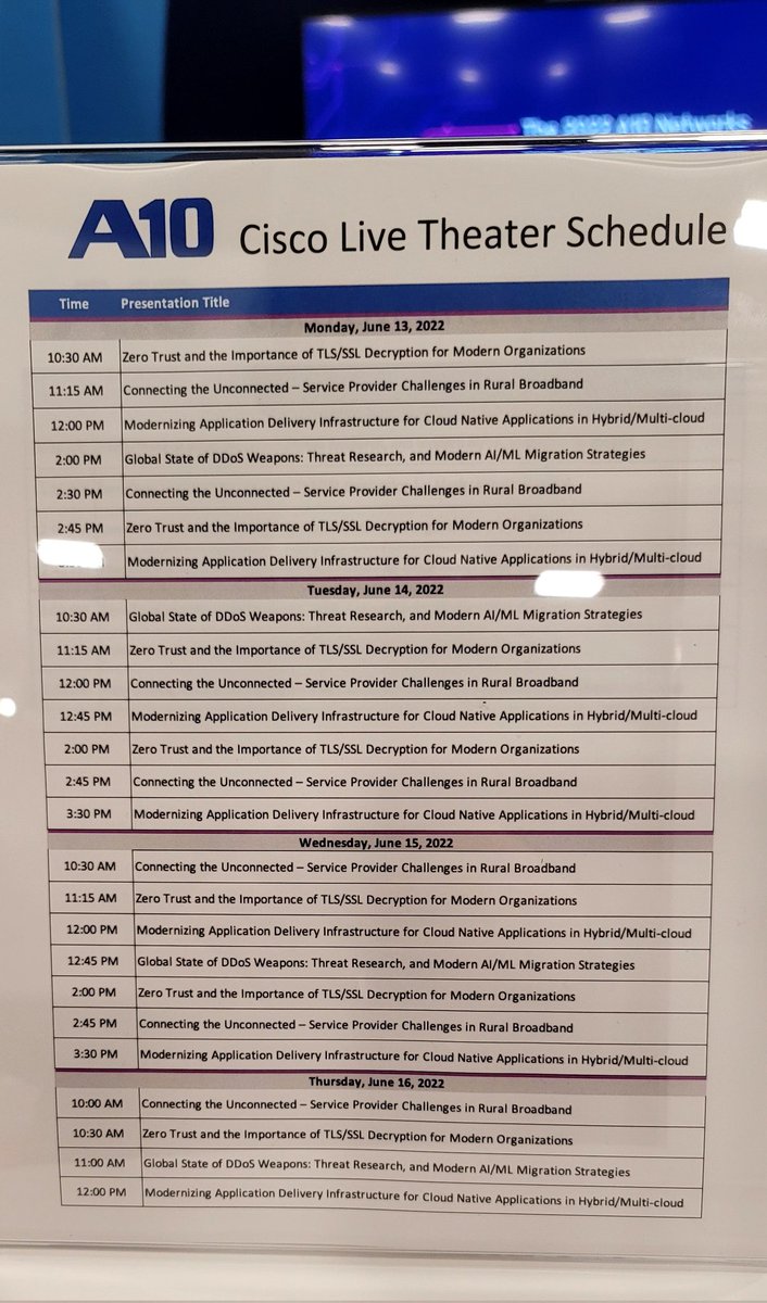 paulnicholson20's tweet photo. It's busy at @A10Networks #CISCOLive2022 booth 2631 - good slate of presentations around #DDoS, #ZeroTrust, #hybridcloud, and SP solutions, or get a live #HarmonyController and product  demo! https://t.co/8XXRbNlvz3
