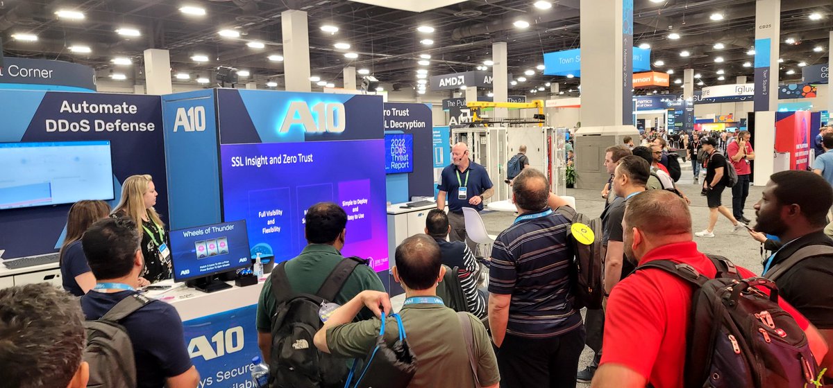 paulnicholson20's tweet photo. It's busy at @A10Networks #CISCOLive2022 booth 2631 - good slate of presentations around #DDoS, #ZeroTrust, #hybridcloud, and SP solutions, or get a live #HarmonyController and product  demo! https://t.co/8XXRbNlvz3