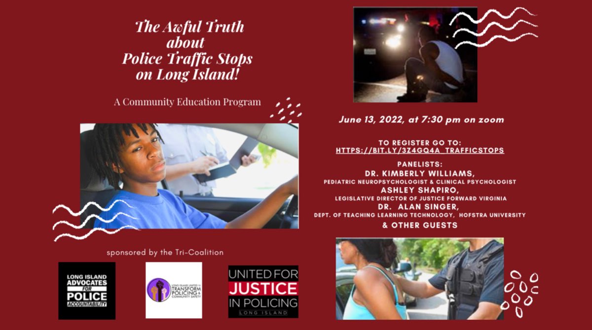 JusticeFwdVa's tweet photo. Our Legislative Dir. Ashley Shapiro will share insight into VA’s success prohibiting pretext stops TONIGHT at 7:30PM. Join @li_united, LIAFPA &amp; UJPLI for an urgent discussion about racial disparities in traffic stops that target Black men in Long Island: https://t.co/az99REp7QK https://t.co/BYwosZCC4l