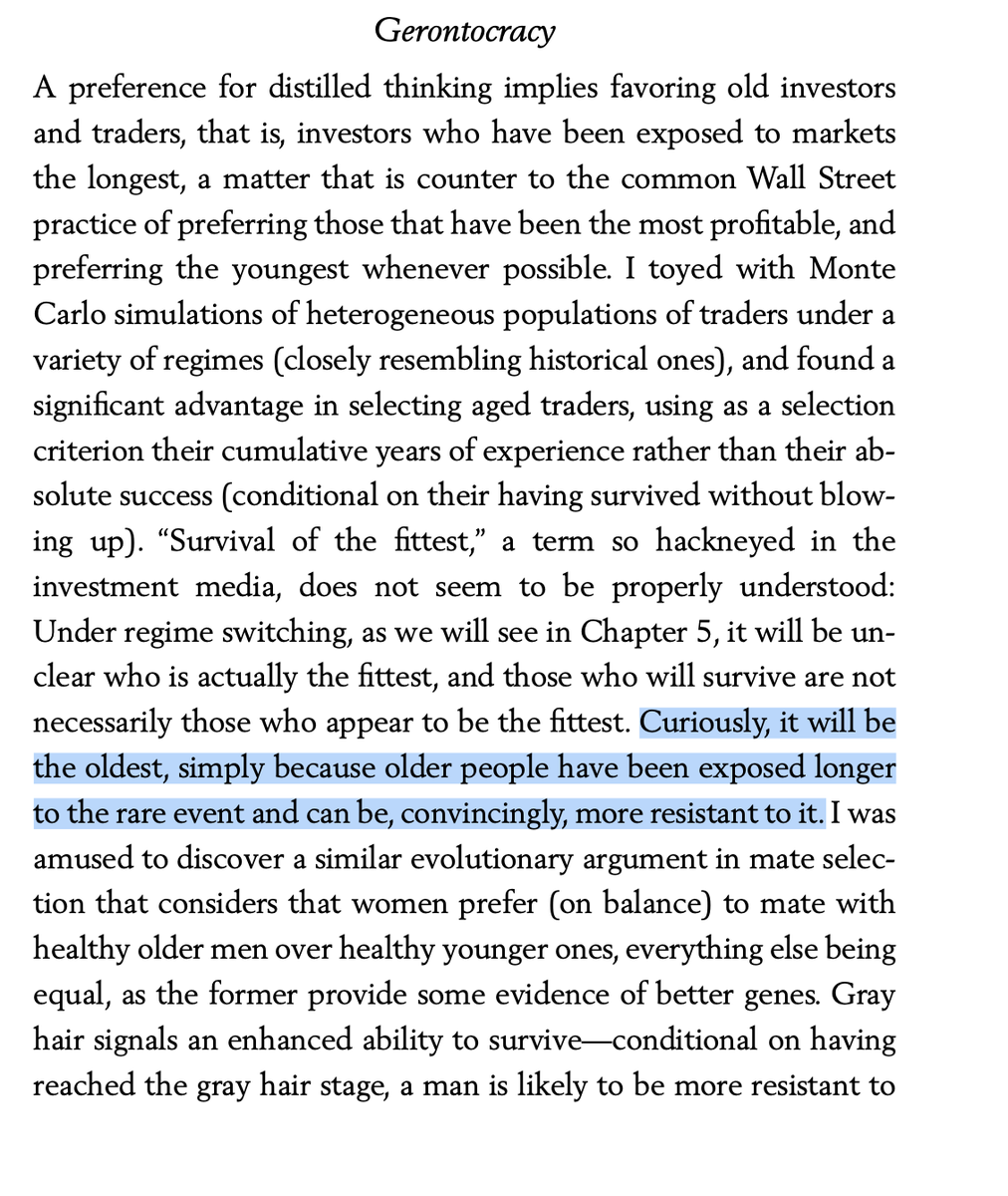 nntaleb's tweet image. The difference betw seasoned pple in finance (who survived) of my cohort  &amp;amp; today&apos;s young ageist cryptidiots is not the age discrepancy; it is the fact that when I was young I put the elders over the youth.
This was written 25 y ago when I was in my 30s [#FooledbyRandomness]