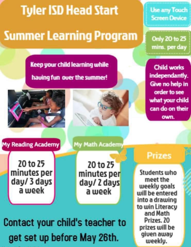 headstarttisd's tweet photo. Learning can continue for your child during the summer with just 20-25 minutes per day. Check out this week’s prizes for those students who meet the program goals. 
#MyMathAcademy #MyReadingAcademy @TylerISD @AgeofLearning https://t.co/1RTqn6xbpG