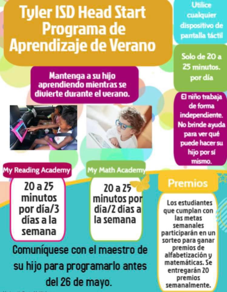 headstarttisd's tweet photo. Learning can continue for your child during the summer with just 20-25 minutes per day. Check out this week’s prizes for those students who meet the program goals. 
#MyMathAcademy #MyReadingAcademy @TylerISD @AgeofLearning https://t.co/1RTqn6xbpG