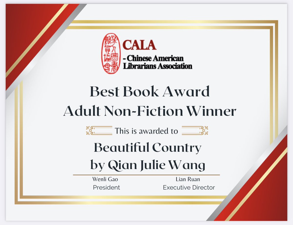 QianJulieWang's tweet photo. my heart is full. BEAUTIFUL COUNTRY has won the 2022 Best Book Award from the Chinese American Librarians Association. is there another group of people closer to my heart? without these librarians, I never would have learned to read or write or DREAM in English.

thank you to … https://t.co/noNgzoeMJG