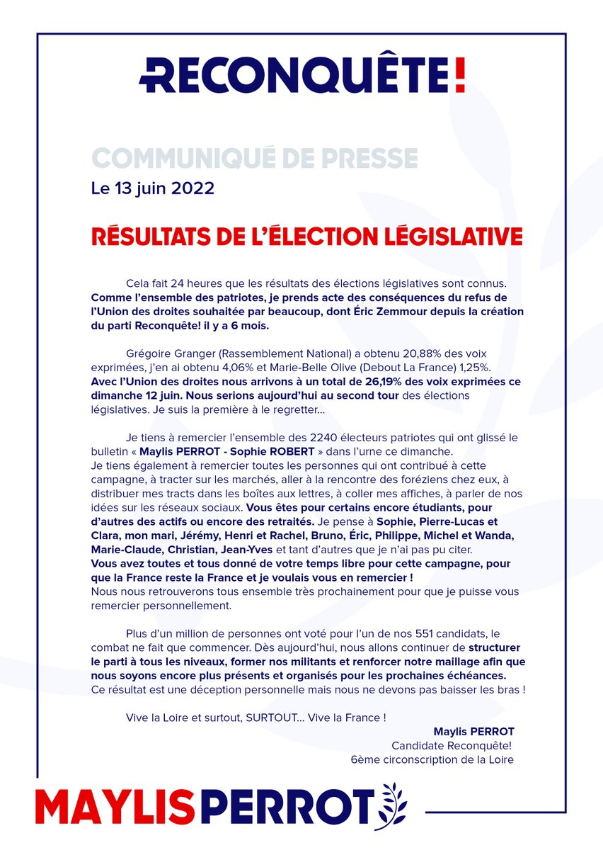 MaylisPerrot's tweet photo. Merci à tous ! ❤️

Les 5 prochaines années seront difficiles, avec une majorité macroniste et islamo-gauchiste qui continuera de détruire et déconstruire. Nous ne devons pas partir de  🇫🇷 pour autant, le combat ne fait que commencer et un jour nous reconquerrons notre beau pays ! https://t.co/G3witOjaxk