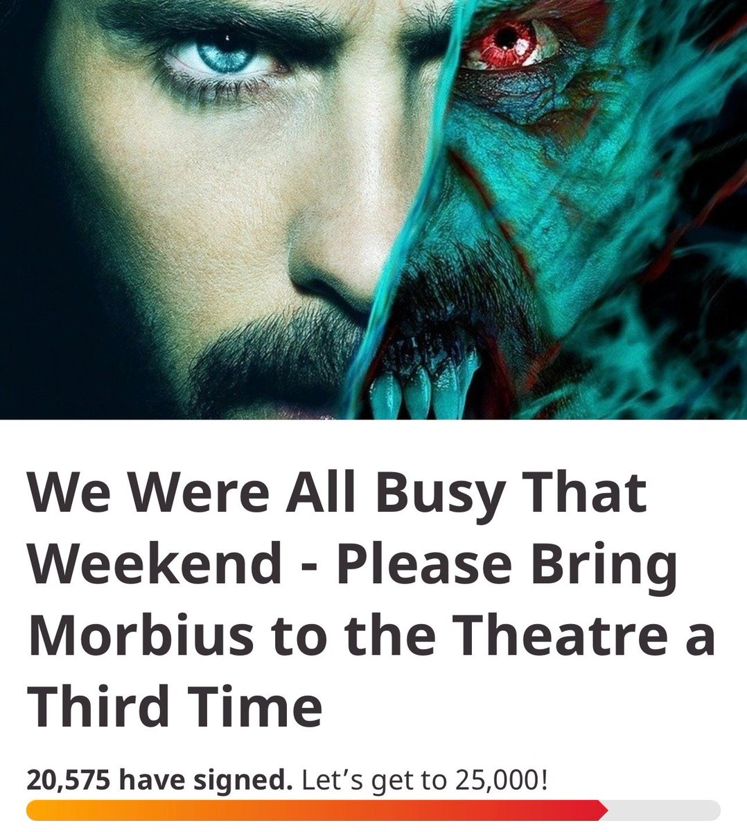 A petition to get #Morbius back in theaters for a third time crossed 20K signatures

'We were all busy that weekend' 😂
