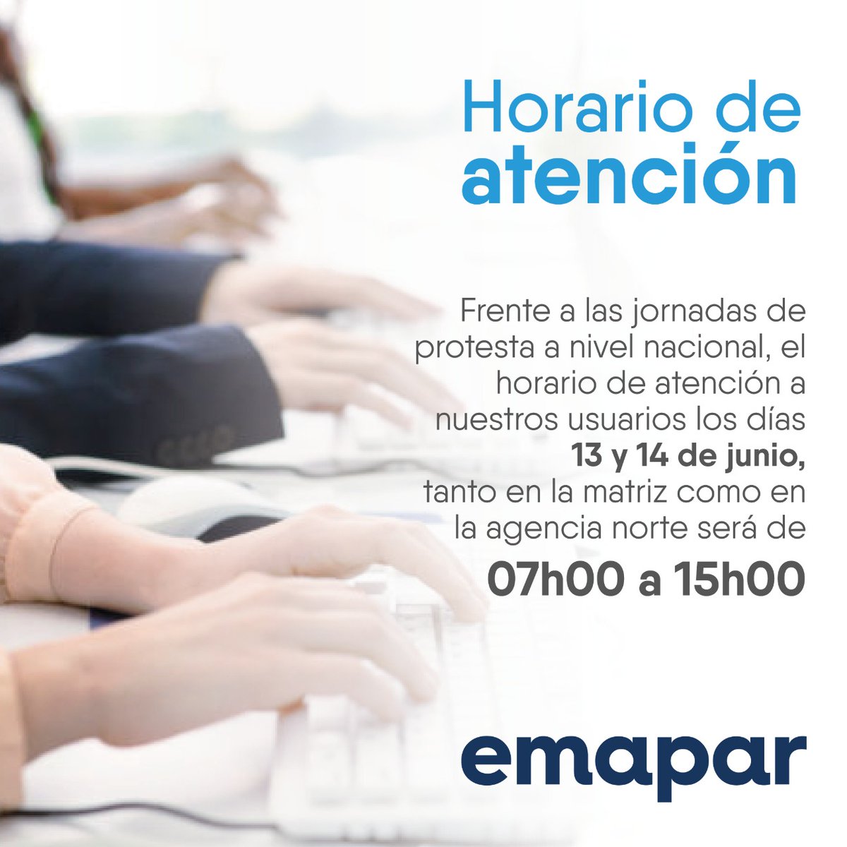 EmaparRio's tweet photo. 𝗛𝗼𝗿𝗮𝗿𝗶𝗼𝘀 𝗱𝗲 𝗮𝘁𝗲𝗻𝗰𝗶ó𝗻 𝗽𝗮𝗿𝗮 𝗲𝗹 13 𝘆 14 𝗱𝗲 𝗷𝘂𝗻𝗶𝗼.
Infórmate,  por nuestros canales oficiales https://t.co/xfbZVwhH2j