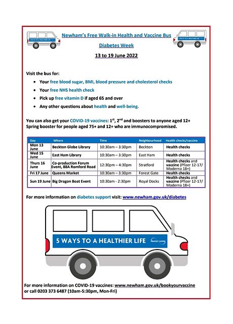 plaistowsouth's tweet photo. Diabetes Awareness Week is from June 13th to June 19th. The Newham Health Bus will make stops throughout the borough to encourage residents to get free diabetes checks. #diabetesawarenessweek #newhamhealth #freechecks #covid #vaccination #healthandwellness #diabetes https://t.co/X2EIAmXlv9