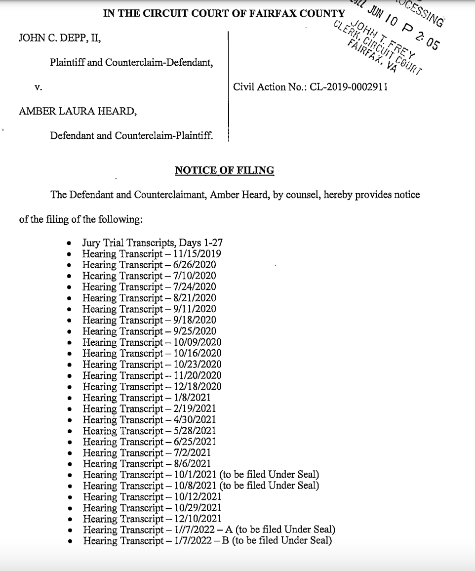 LauraBockov's tweet photo. Update:  Johnny Depp vs Amber Heard (Fairfax)
Amber Heard has filed a Notice of Filing for transcripts of hearings and depositions.  From what I gather, this would be part of the pre-trial appeals process.  https://t.co/JMLBq8COzT https://t.co/fYjcVL5XJg