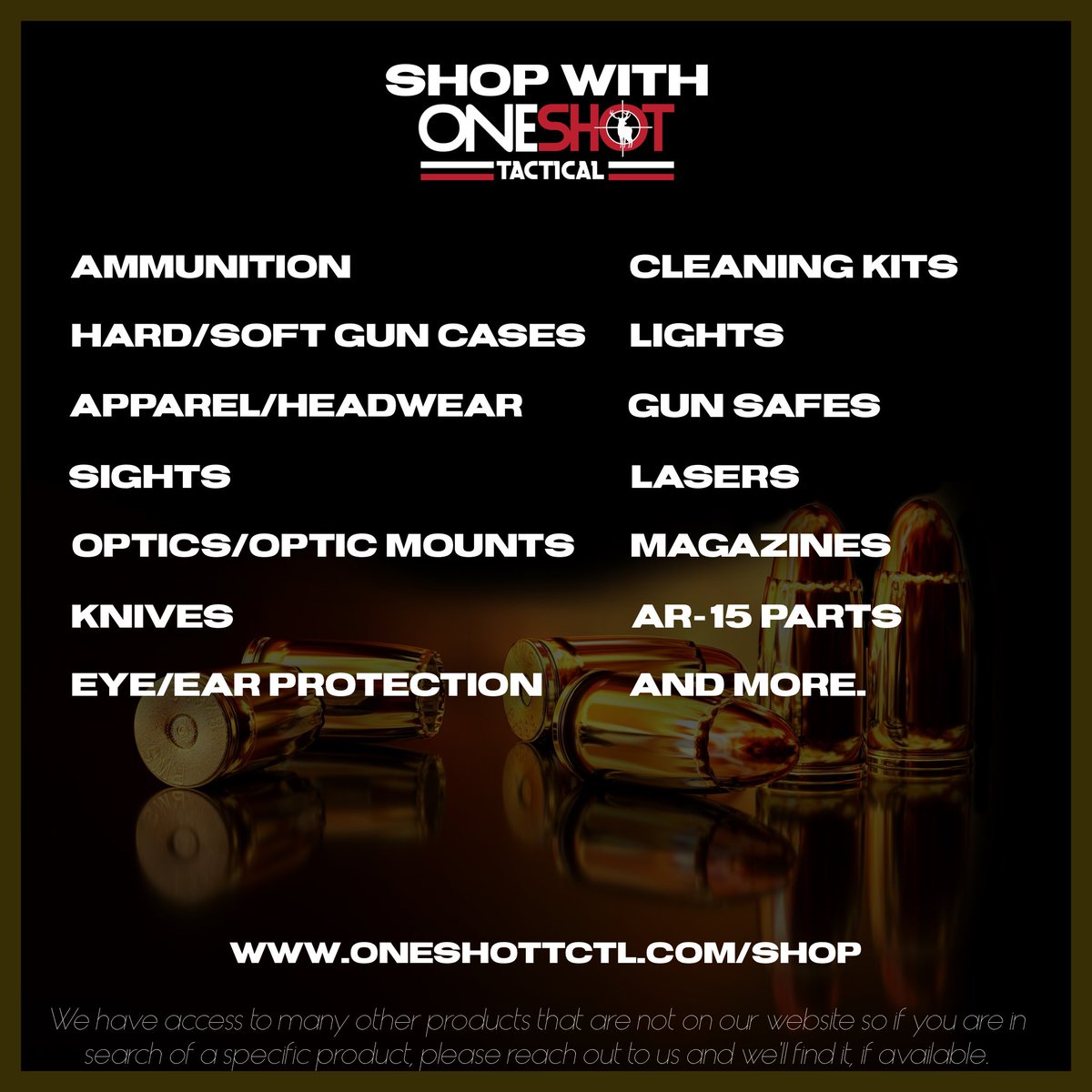1ShotTactical's tweet photo. Browse the site and look what we have to offer. If we don’t have it offer and you want it, ask us about it. 

Disclaimer: We do not sell firearms.
https://t.co/ZkKnnLggxi 
#oneshottactical #onlineshop #gunsofinstagram #guns #firearms #parts #accessories #pewpew #pewpewlife https://t.co/HgI4U3T9lU