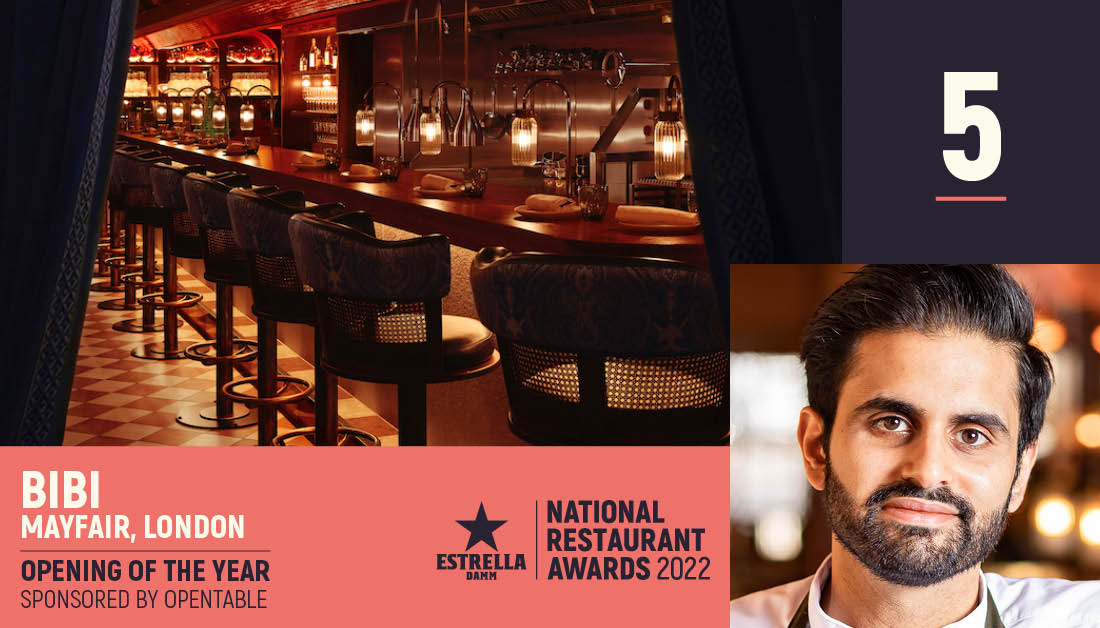 At number five it's high-end Indian restaurant Bibi - our highest new entry and winner of the Opening of the Year. Backed by JKS Restaurants, @ChetSharmaOx’s debut is a landmark for Subcontinental cuisine in London @OpenTableUK @EstrellaDammUK #NationalRestaurantAwards