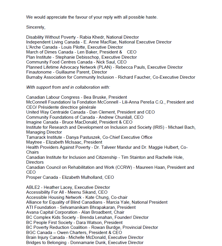 Text-based image of open letter call for immediate second reading of Canada Disability Benefit. Link to screen-reader version here: https://www.disabilitywithoutpoverty.ca/wp-content/uploads/2022/06/CORR-House-Leaders-re-C-22-Final-EN.pdf (part 2/4)