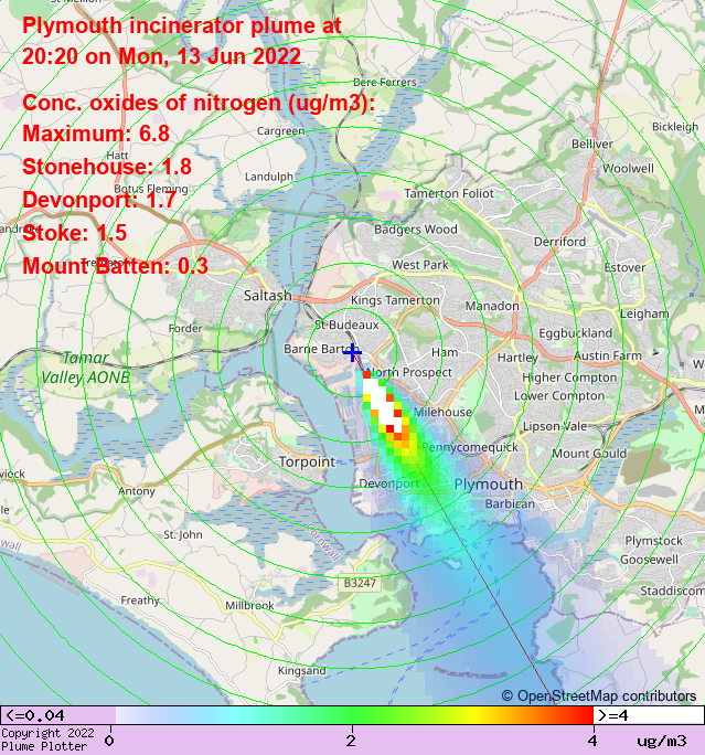 plumeplotter's tweet photo. Latest Plymouth incinerator plume plot, 20:20 13/06/22 #Stonehouse #Devonport #Stoke https://t.co/Y61MMhoN5a https://t.co/aHWGfJlh0y