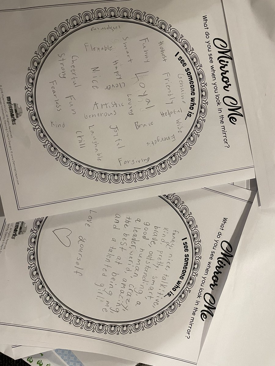 Hughes5thGrade's tweet photo. On Thursdays we talk everything SEL. Last week the kids reflected on what they see when looking in the mirror. Although we can all think of things to change it is important to see yourself as you are and celebrate what makes you, YOU ☺️ #PositiveThoughts #HAYNation 🧠 https://t.co/IMiDFRWS0M